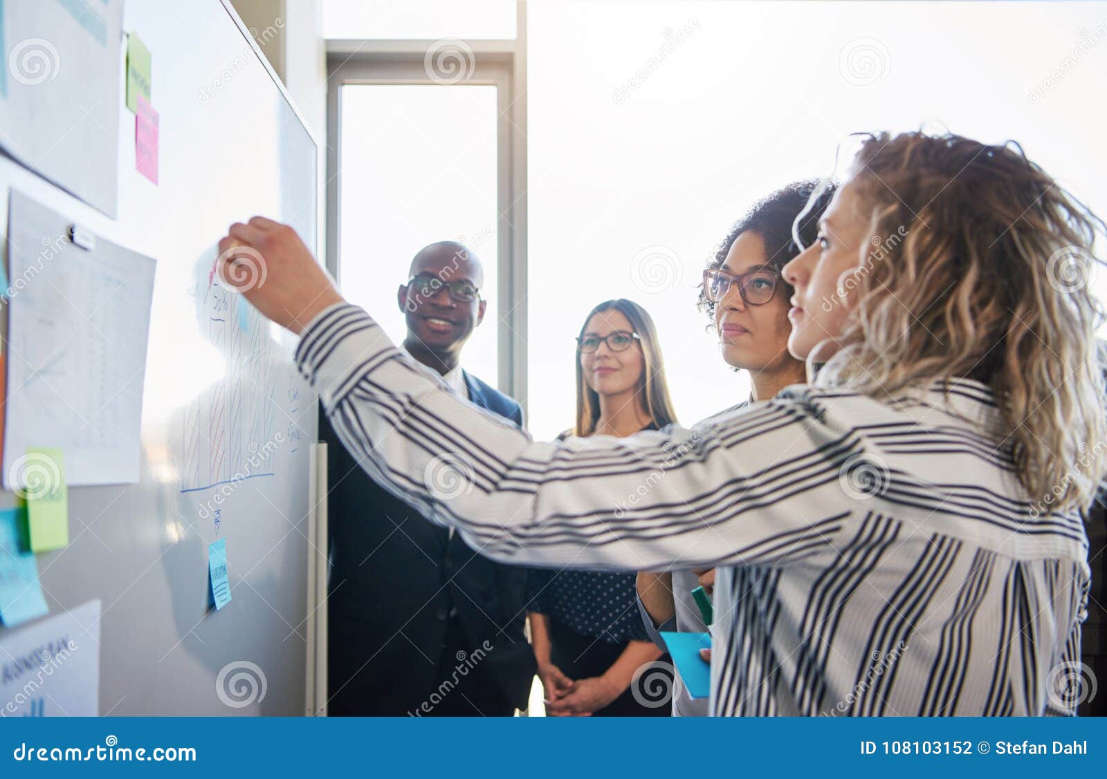 coworkers strategizing together on a whiteboard in an office