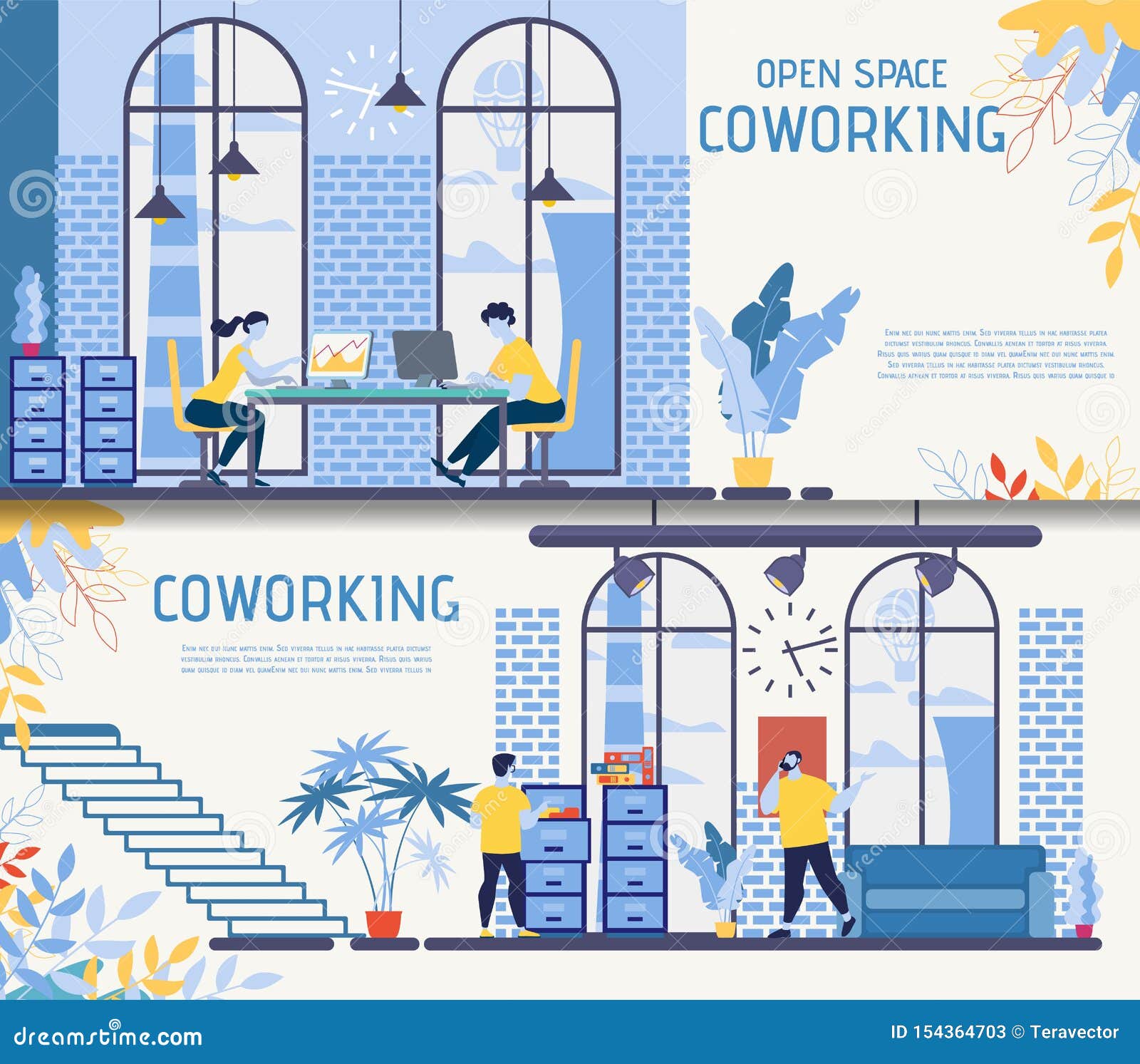 Moeras Barcelona Aan het water Coworking Office Center Flat Vector Banners Set Stock Vector - Illustration  of flyer, desk: 154364703