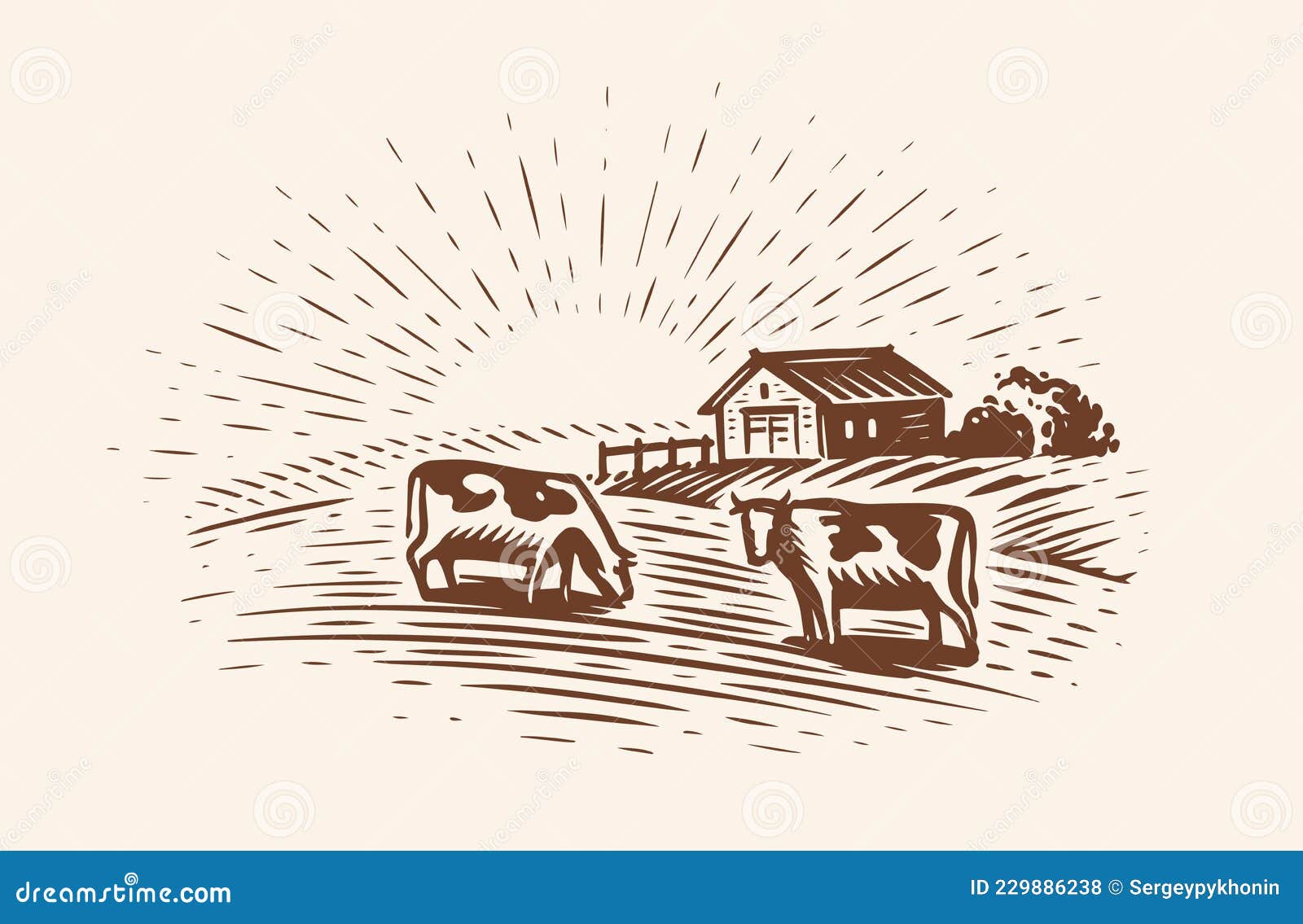 cows graze in meadow near farm. hand drawn graphical rural landscape. sketch  