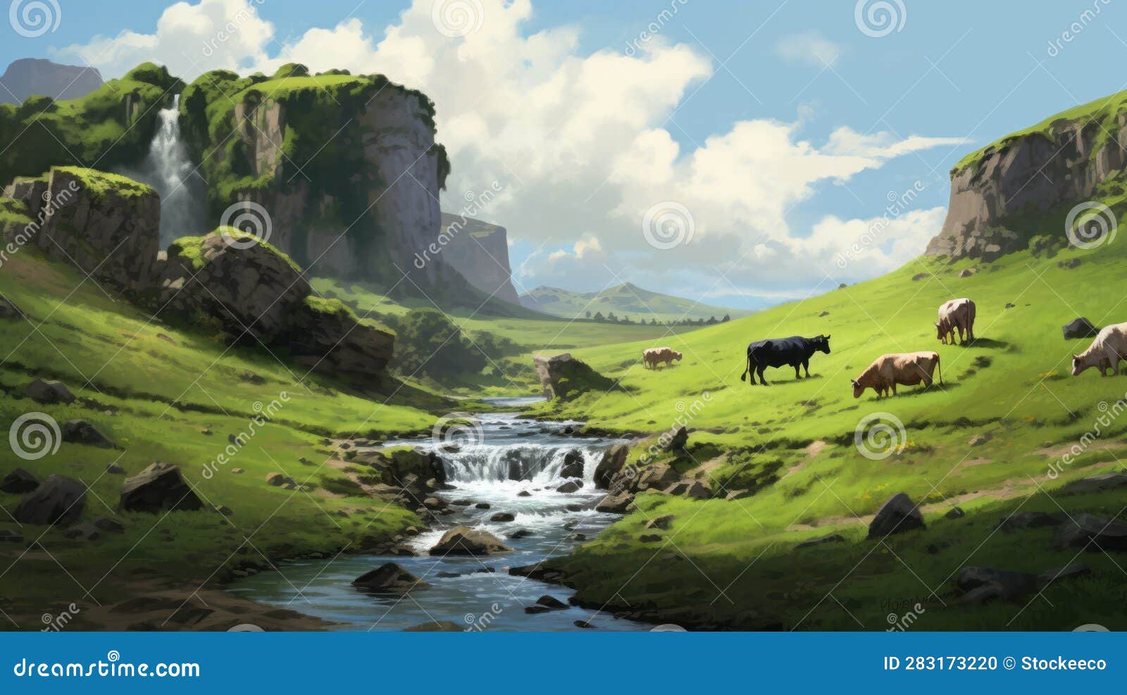 cows by waterfall in tyler jacobson style