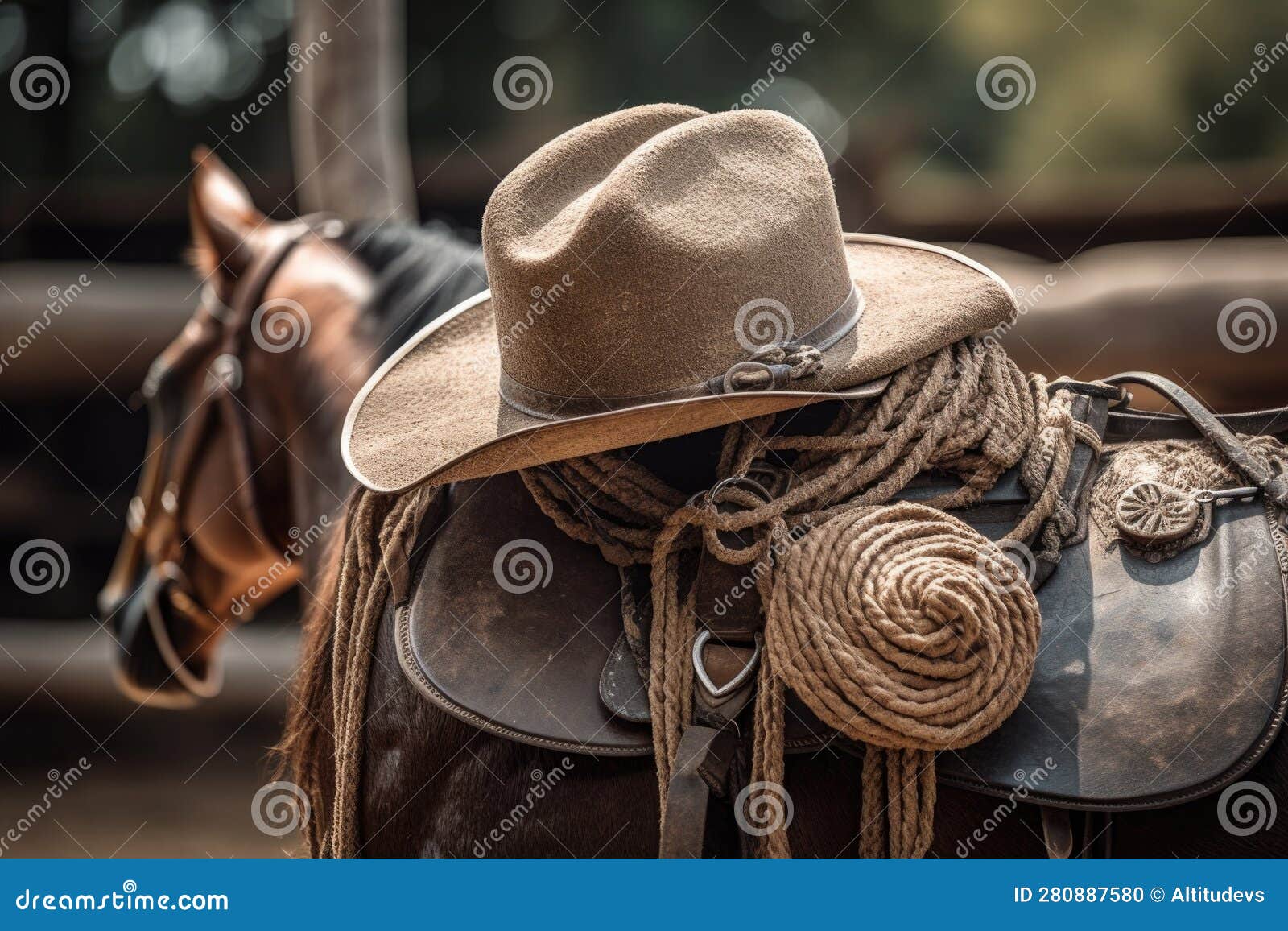 Cowwboy Hat and Rope Hanging from Saddle of Galloping Cowboy Stock