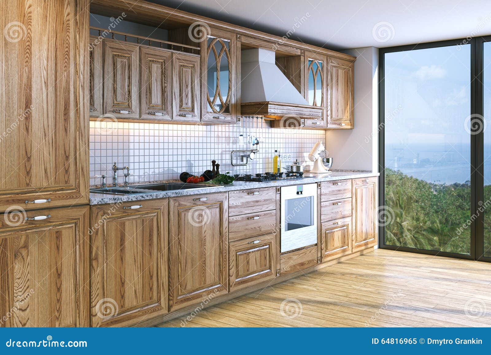 Cozinha De Madeira Brilhante Moderna Na Casa De Campo Na Ilha Do Cozinha De Madeira Brilhante Moderna Na Casa De Campo Na Ilha Do
