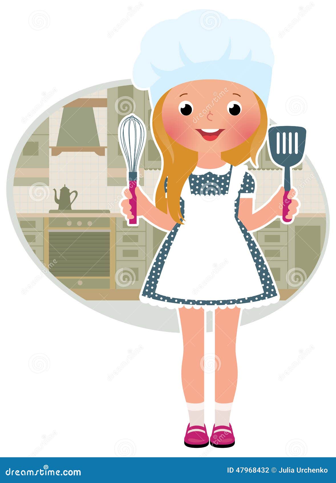 Cozinheiro da menina na cozinha. Ilustração conservada em estoque do vetor do cozinheiro bonito da menina na cozinha