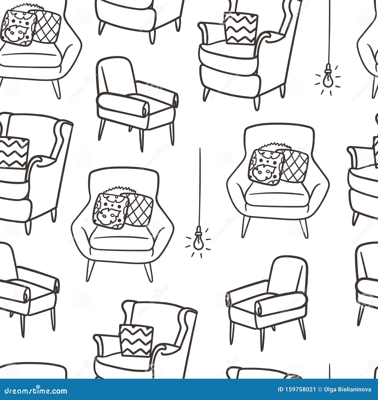 Cozy Armchair Doodle Style Hand Drawn Seamless Pattern. Stock Vector Illustration of house