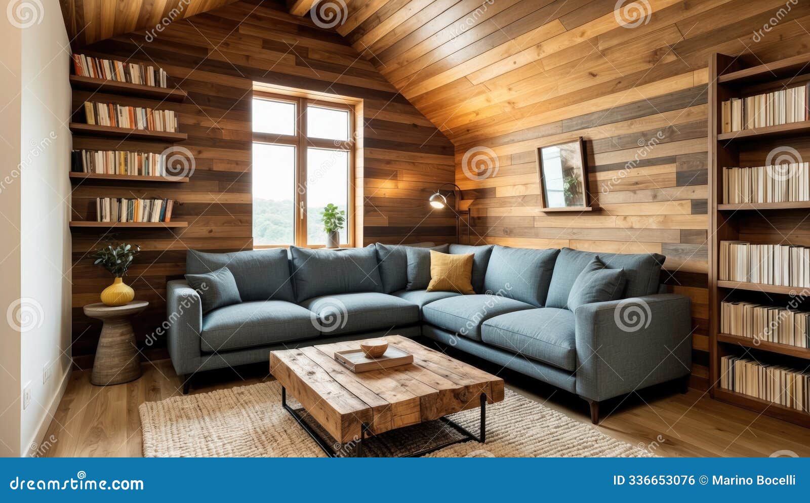 cozy attic furnished with a large sofa and a wooden tea table and a large bookcase full of books