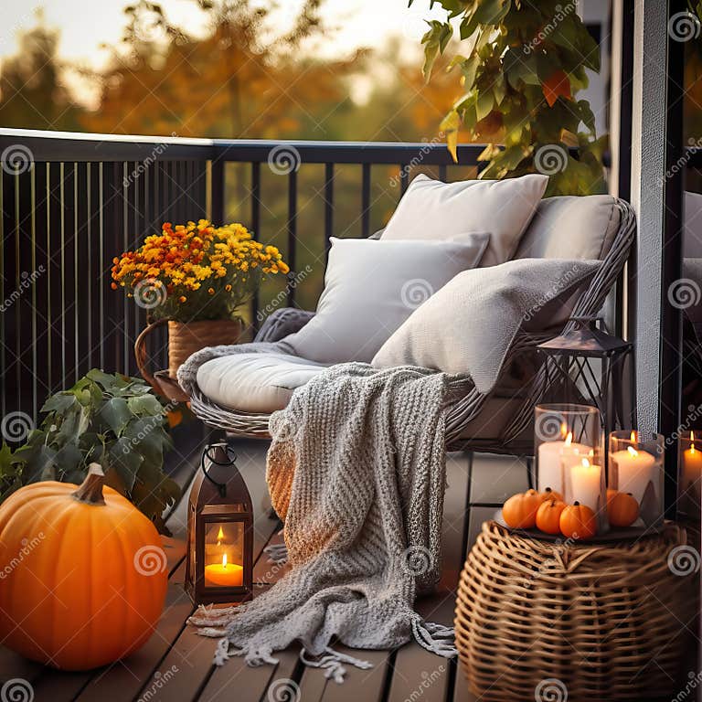 Cozy Autumn Balcony Decor, Warm Fall City Balcony Decor with Chair and