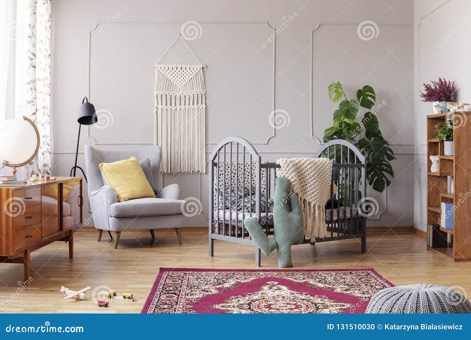 Comfortable Armchair And Grey Wooden Crib Real Photo Stock Photo Image Of Century Geometric 131510030