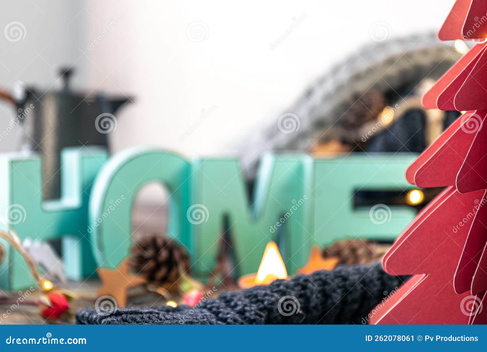 Cozy Background with Decorative Word Home and Home Decor Details. Stock