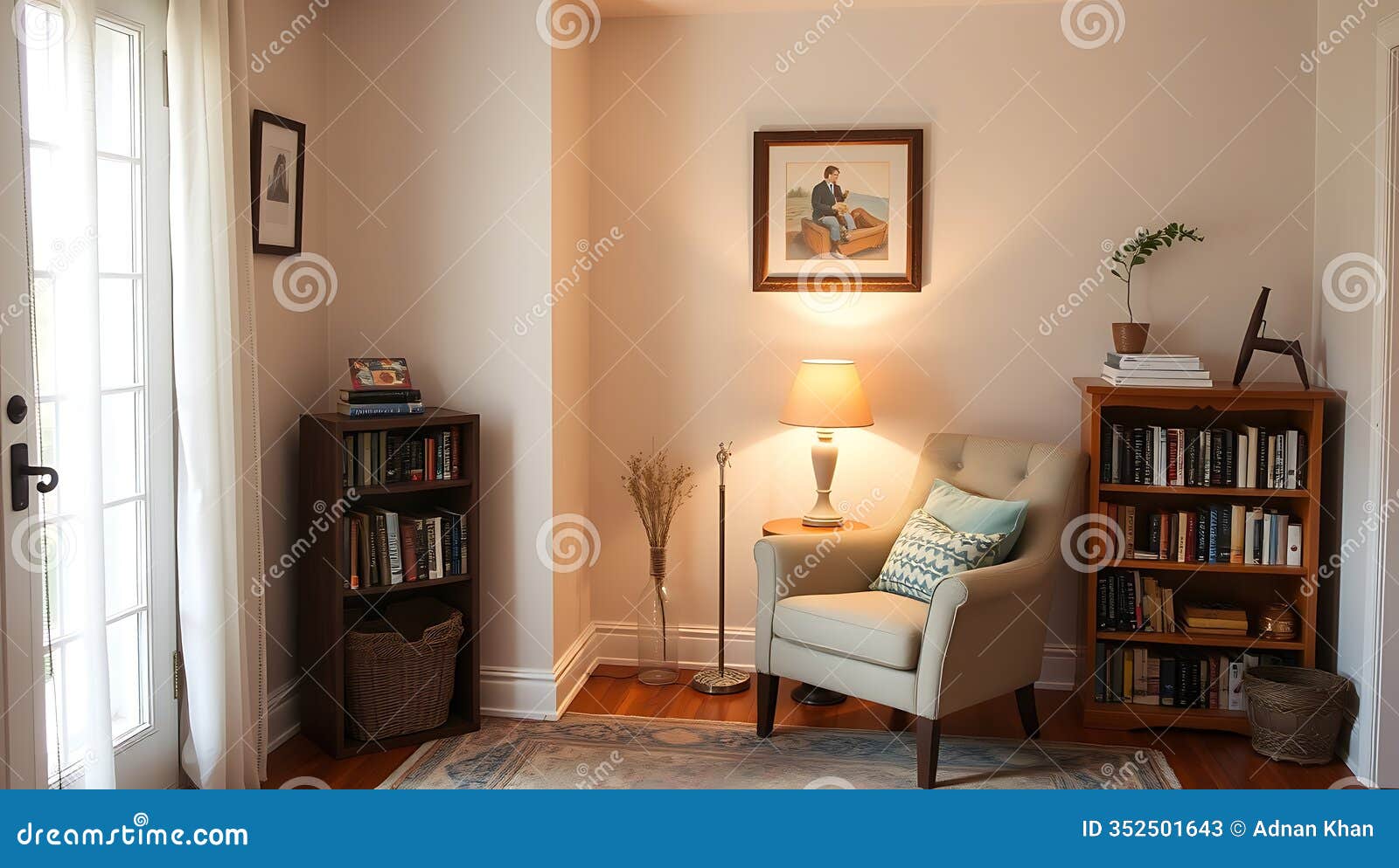 a cozy backroom with a reading chair a small bookcase and a warm lamp
