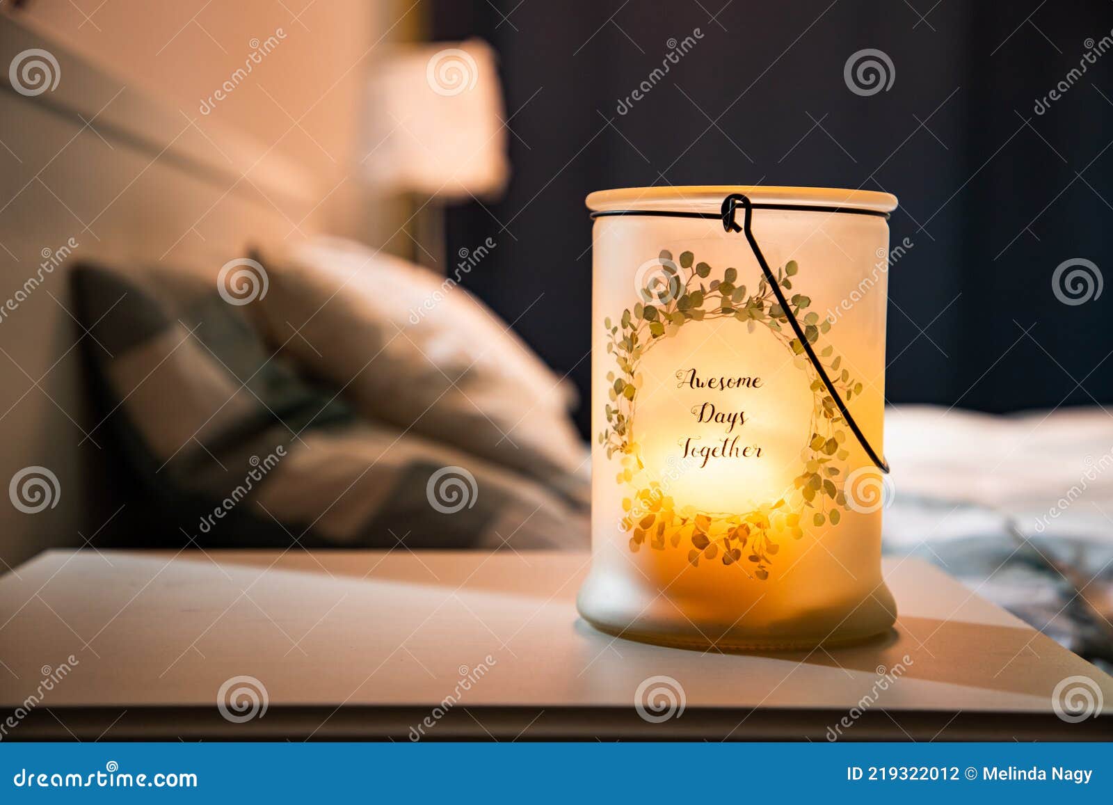Cozy Bedroom Detail Focus on Burning Candle Stock Photo Image of