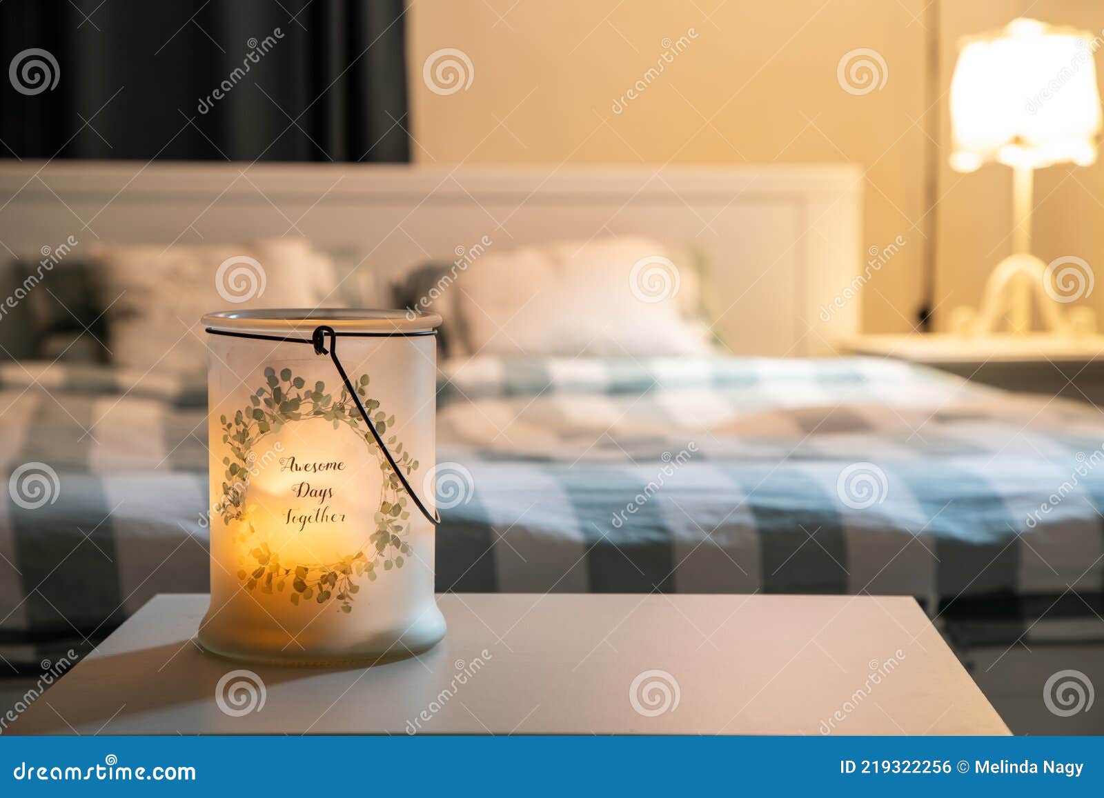 Cozy Bedroom Detail Focus on Burning Candle Stock Photo Image of