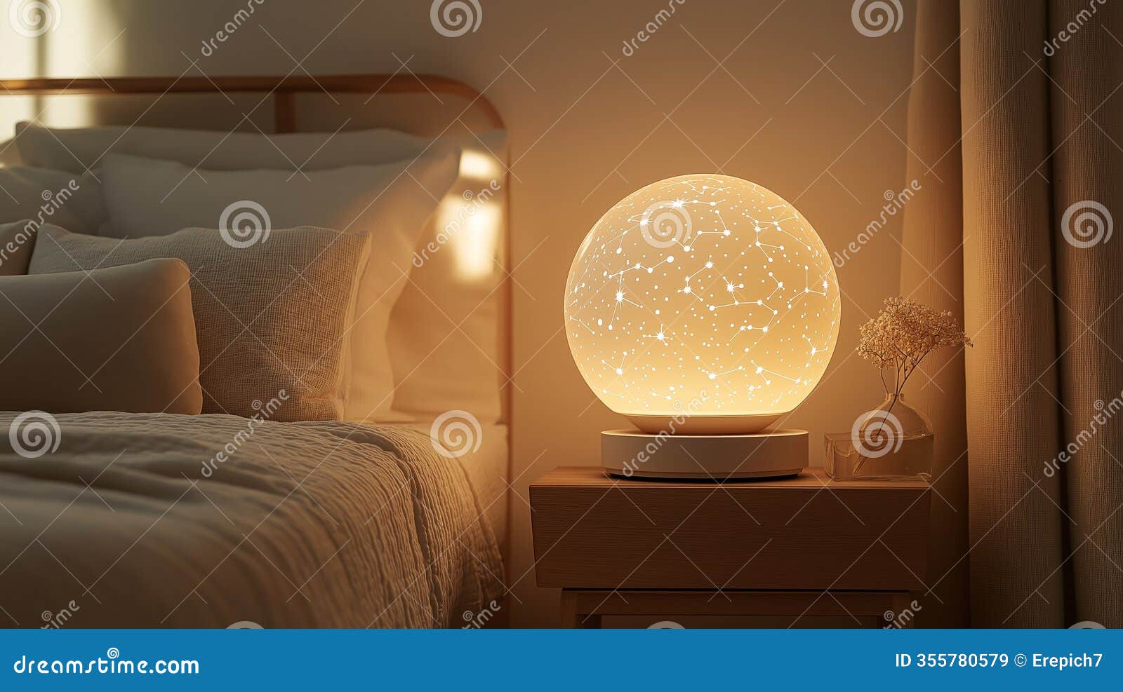 cozy bedroom with illuminated starry lamp and soft bedding at dusk