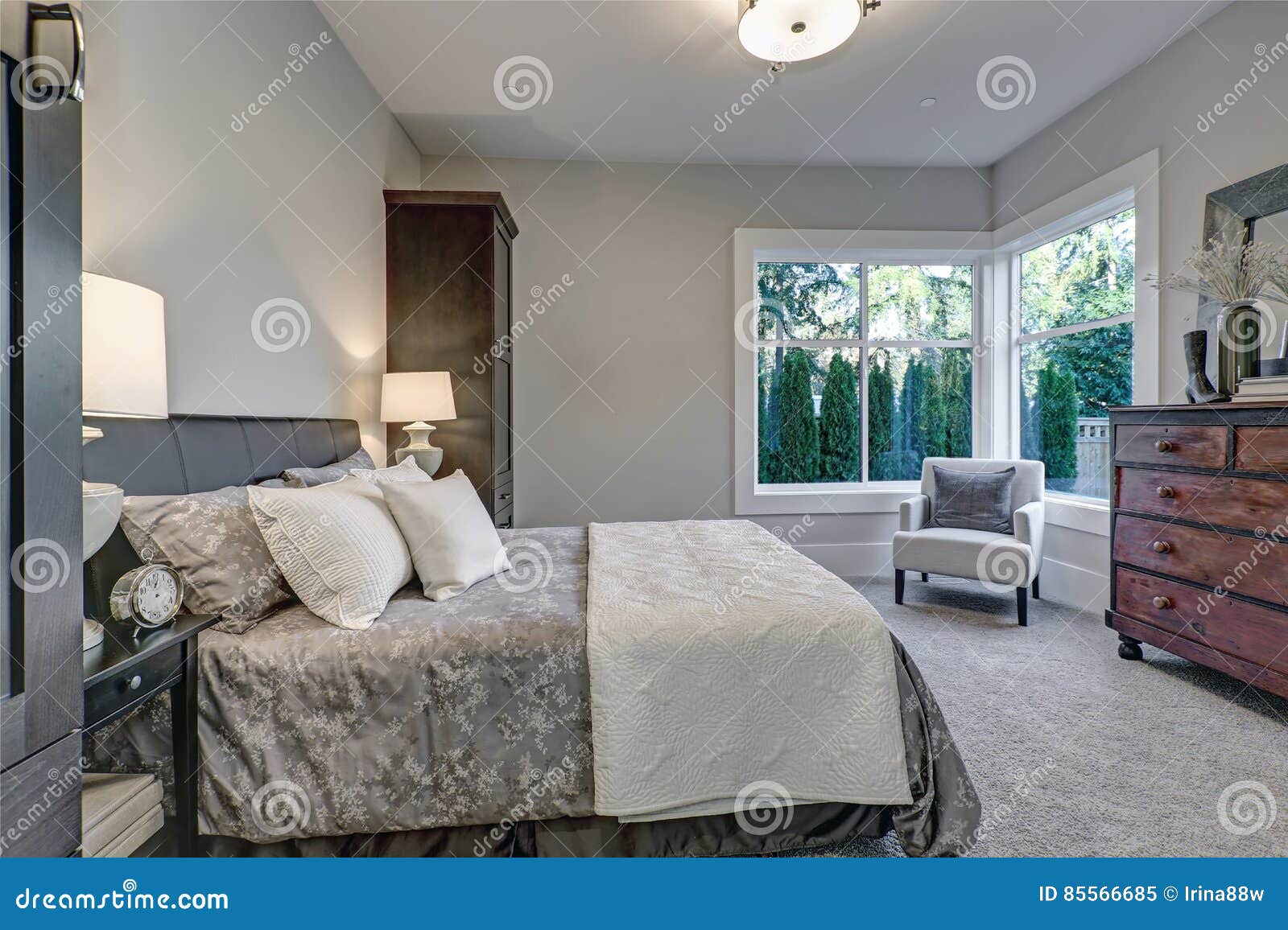 Cozy Bedroom Interior Features Soft Gray Walls Stock Image Image