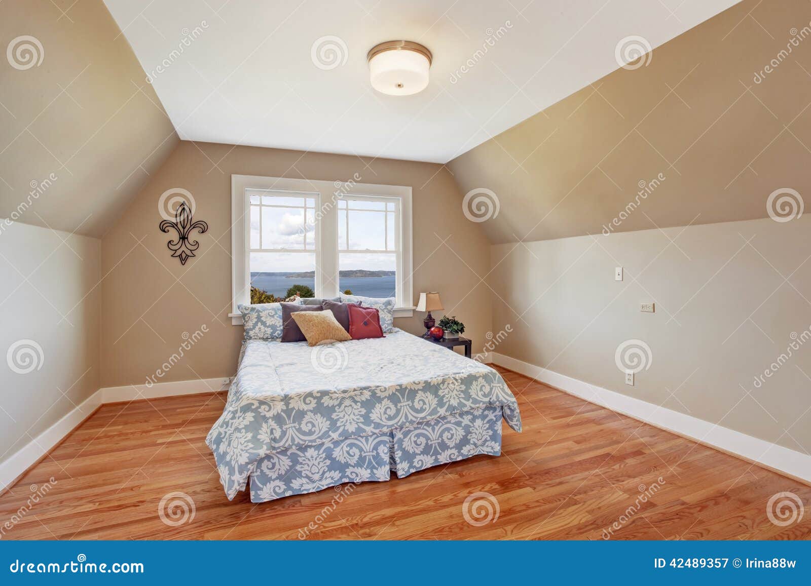 Cozy Bedroom Interior With Vaulted Ceiling Stock Image 