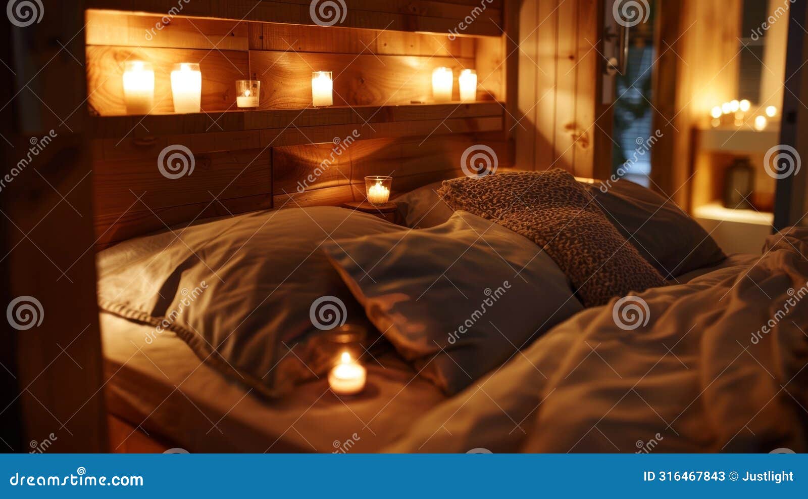 a cozy bedroom is lit by alcoves in the wooden headboard each housing a small candle that adds a touch of romance to the