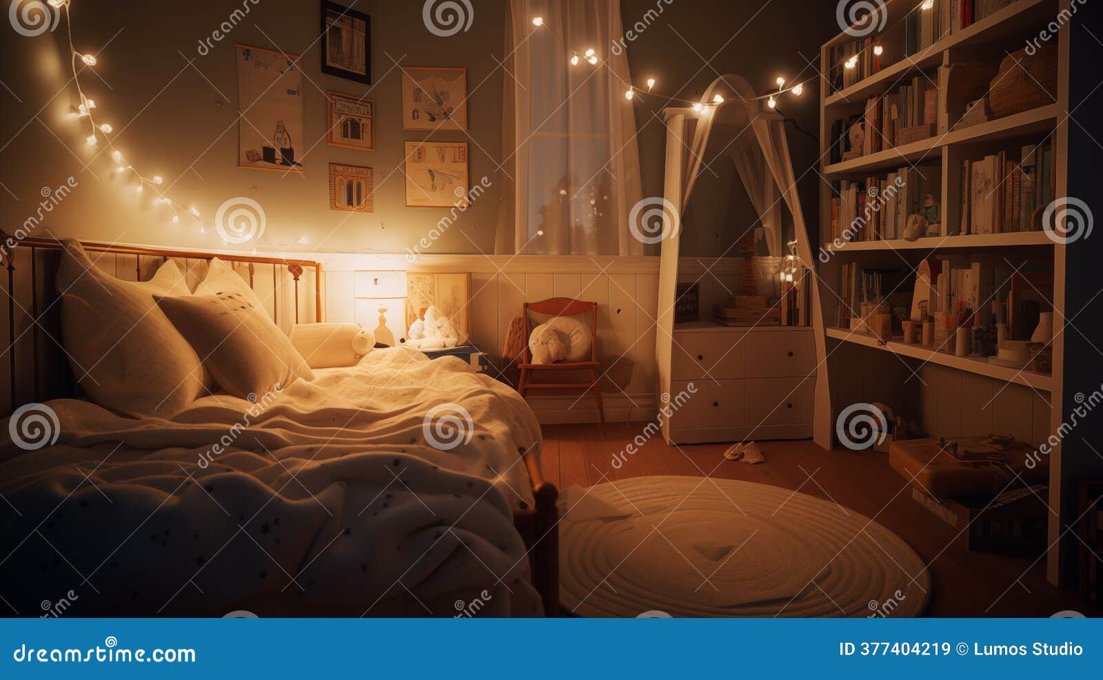 Cozy Bedroom with String Lights and a Bookshelf in Soft Warm Light Stock  Image - Image of dresser, design: 377404219, image size:1600x987