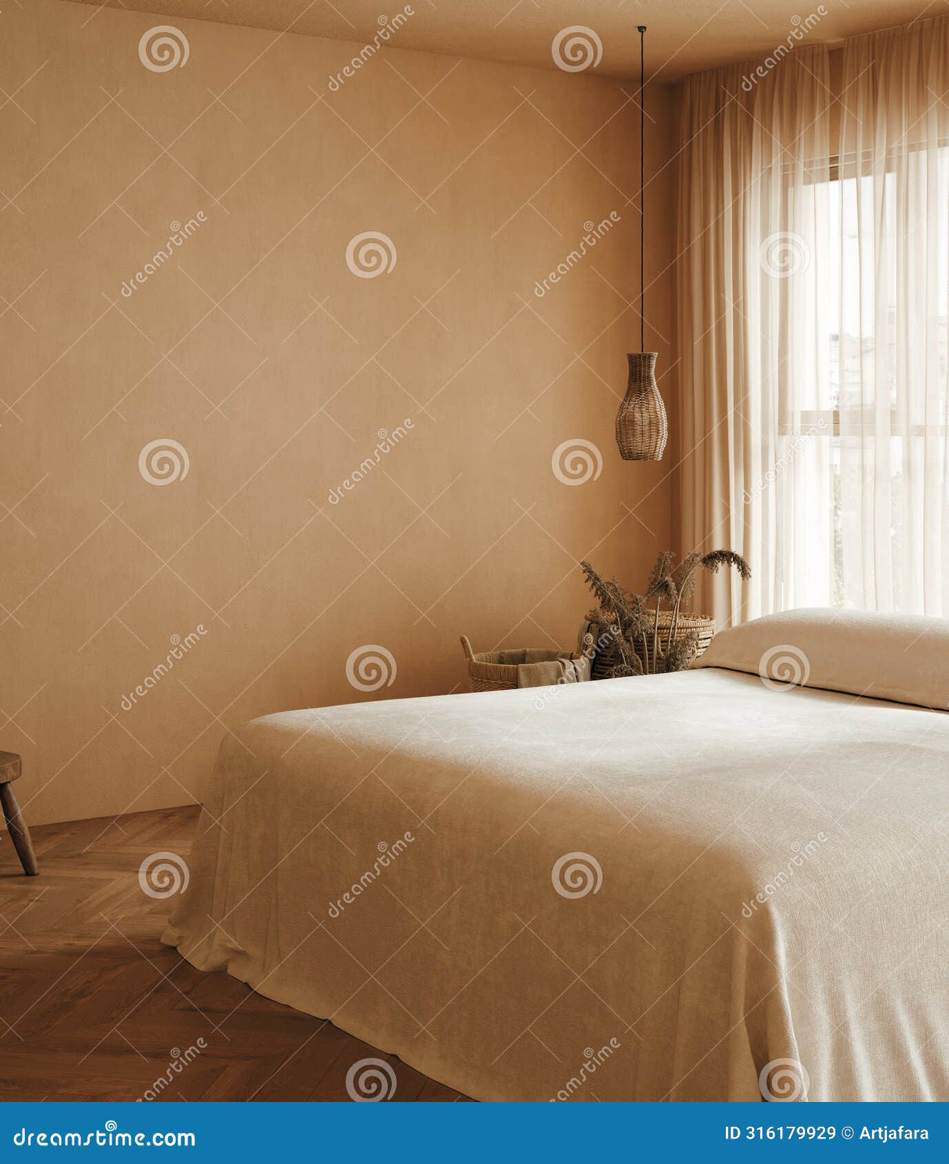 cozy beige japandi bedroom interior