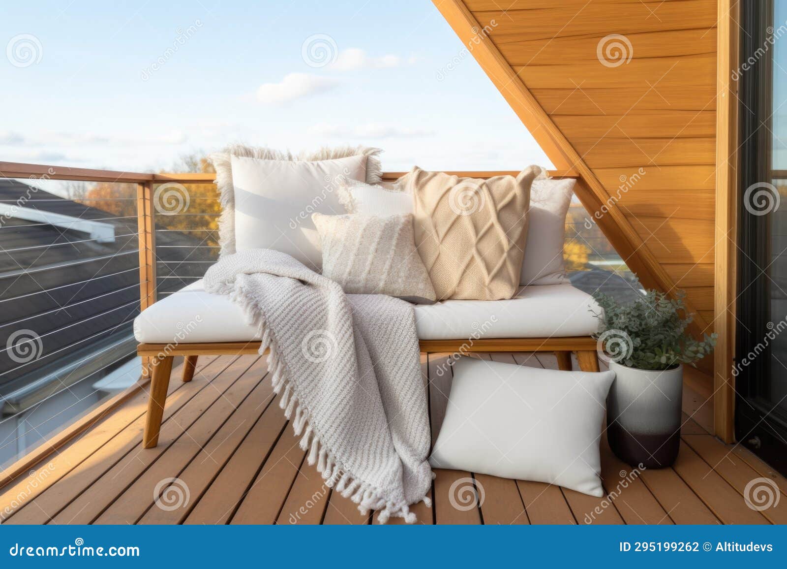 Cozy Blankets and Pillows Setup on aframe Loft Balcony Stock Photo