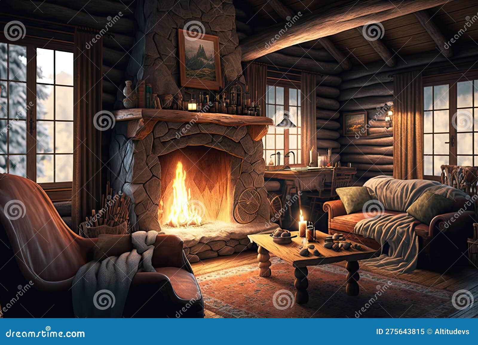 Cozy Cabin with Fireplace and Comfy Sofas Stock Image Image of cabin