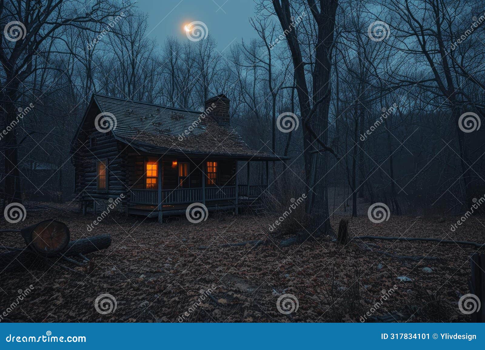cozy cabin in moonlit forest