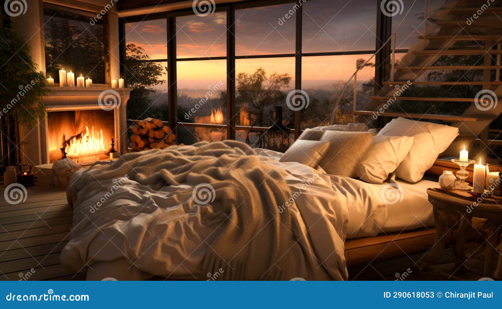 A Cozy Cabin Style Bedroom with a Fireplace Stock Image Image of warm