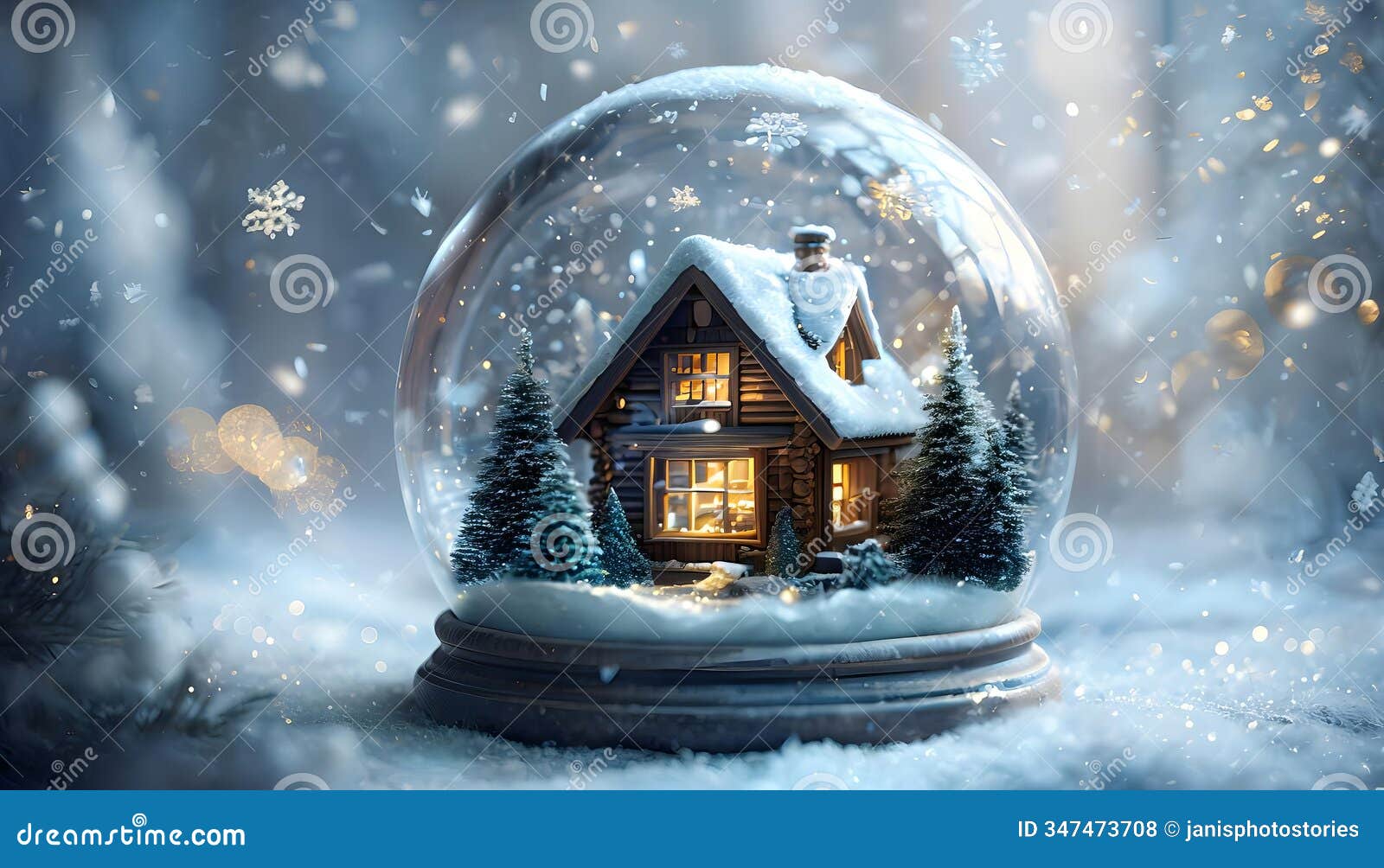 cozy cabin in whimsical snow globe, glowing warmth, perfect for holiday decor visuals