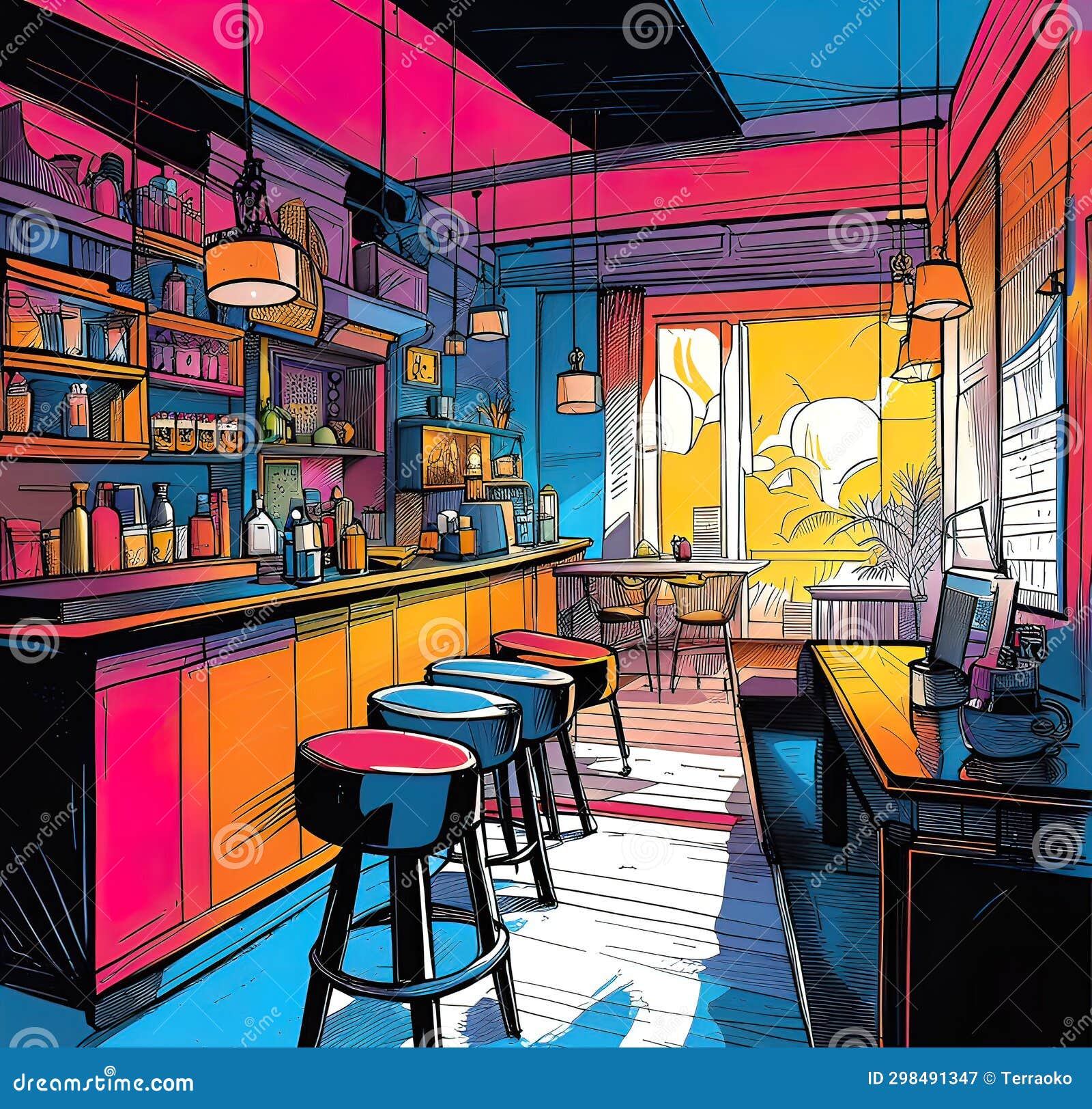 Cozy Cafe Bar for Relaxation, Vector Stretch Illustration for