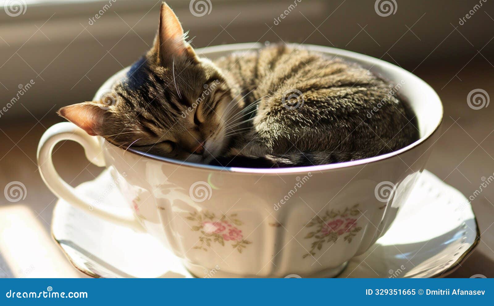 cat napping inside a teacup with ears poking out