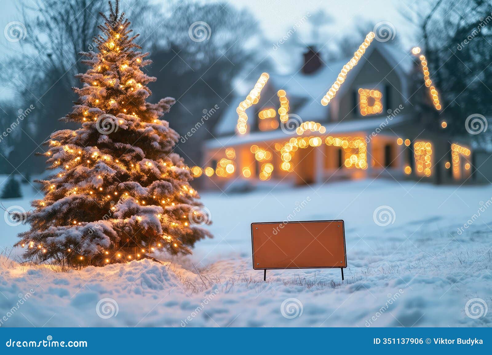 cozy christmas house decorated for the holidays with glowing lights. snowy landscape. christmas tree adorned with lights. for