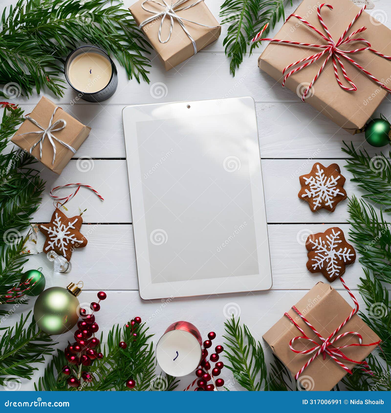 cozy christmas tableau with white tablet, gift, candle, cookies, ornaments on white wood