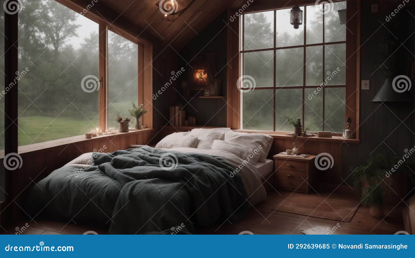Cozy Cottage Bedroom on a Rainy Day Stock Illustration - Illustration ...