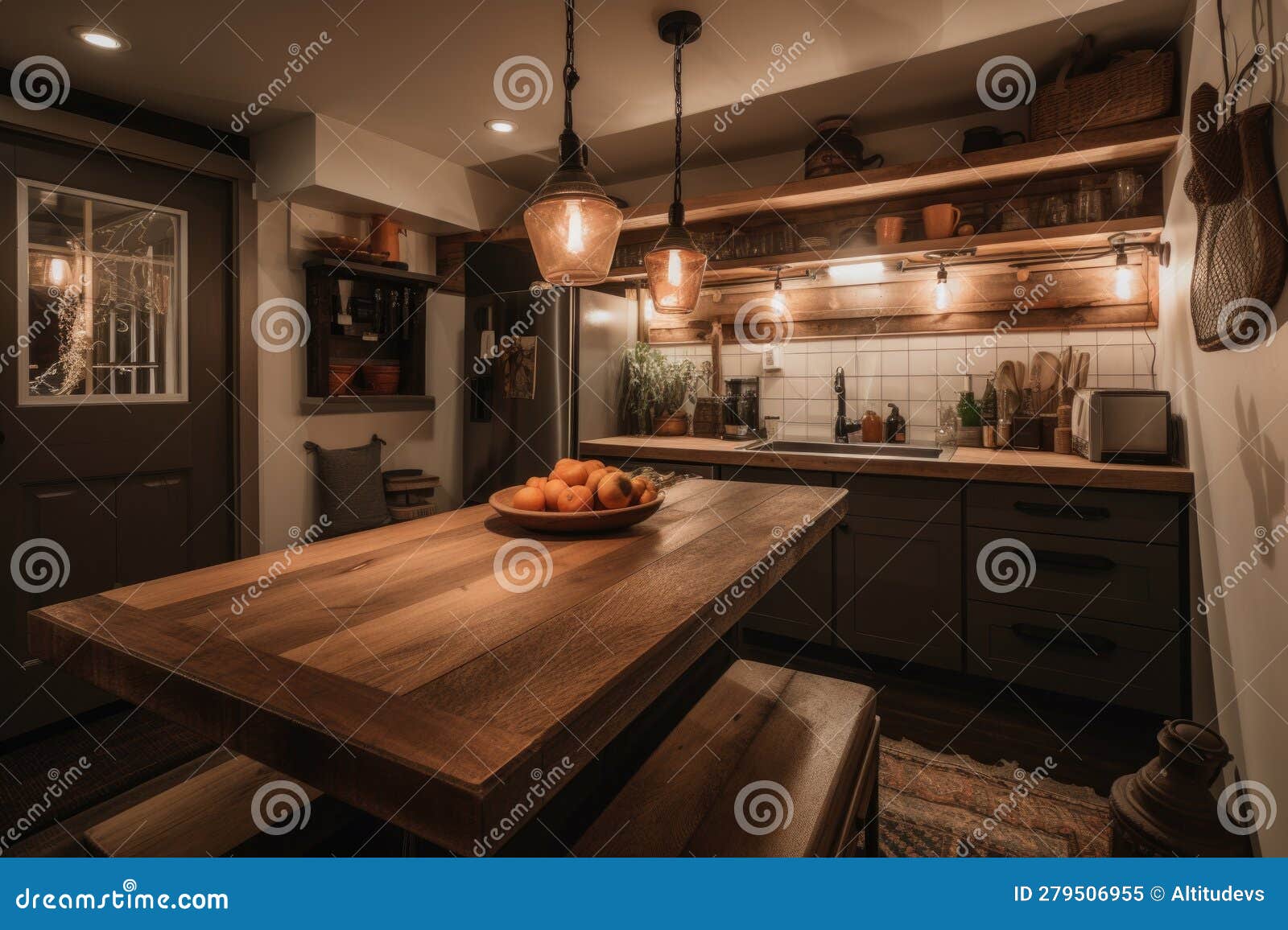 Cozy, Custombuilt Cooking Station with Warm Lighting and Cozy Seating for Two Stock Image
