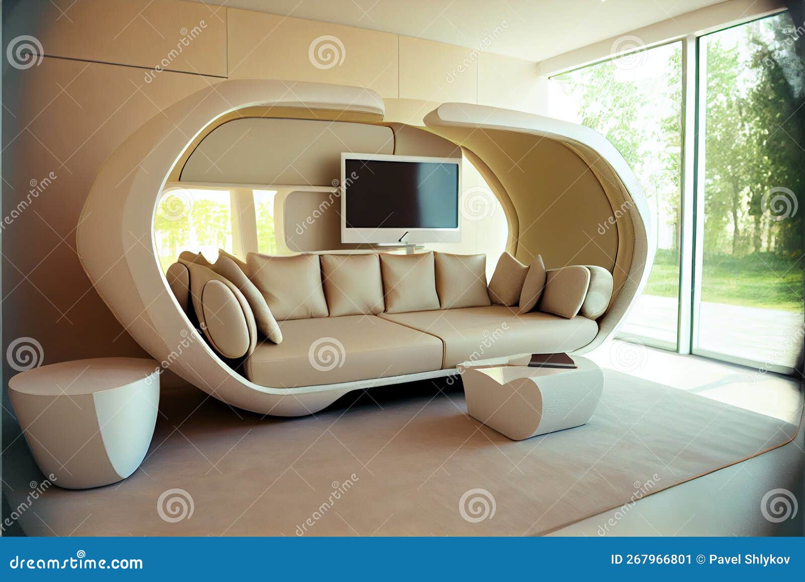 Cozy Ergonomic Sofa in the Bright Interior of the Future Stock Image