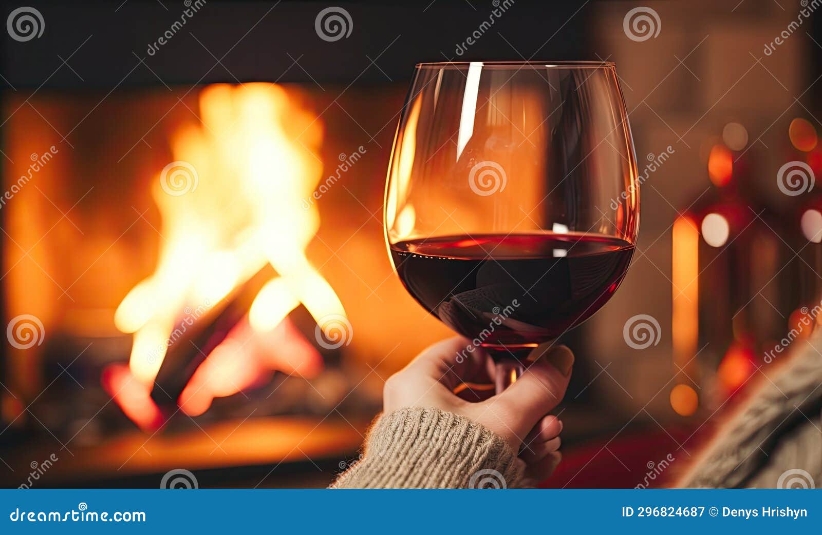 A Cozy Evening by the Fireplace with a Glass of Wine Stock Illustration