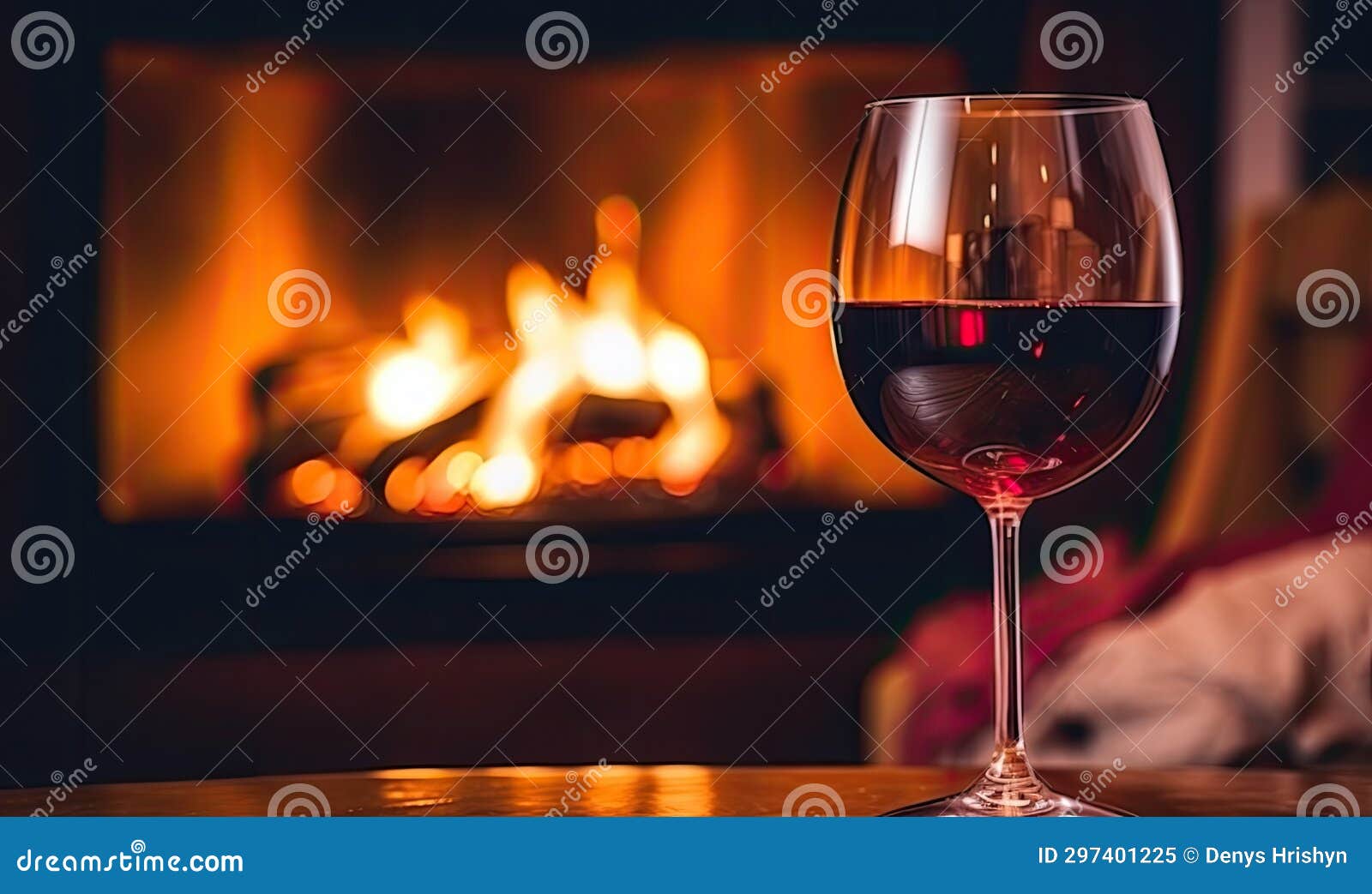 A Cozy Evening with a Glass of Wine by the Fireplace Stock Illustration