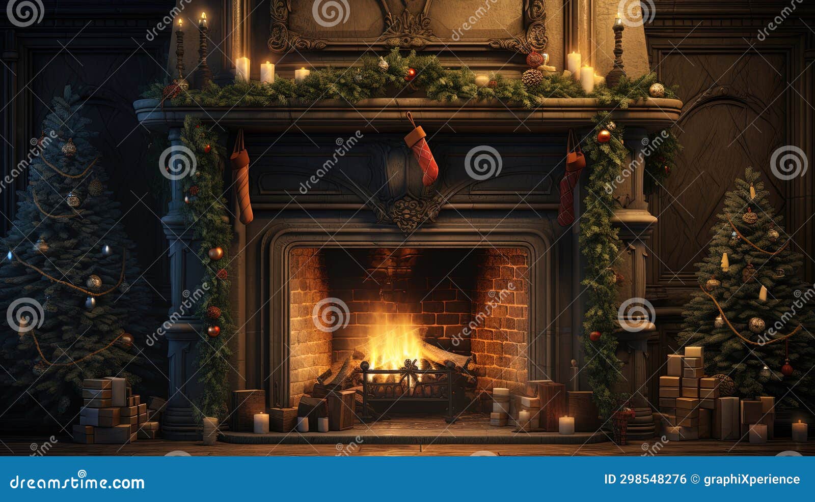 Cozy Fireplace Christmas Scene Stock Illustration Illustration of