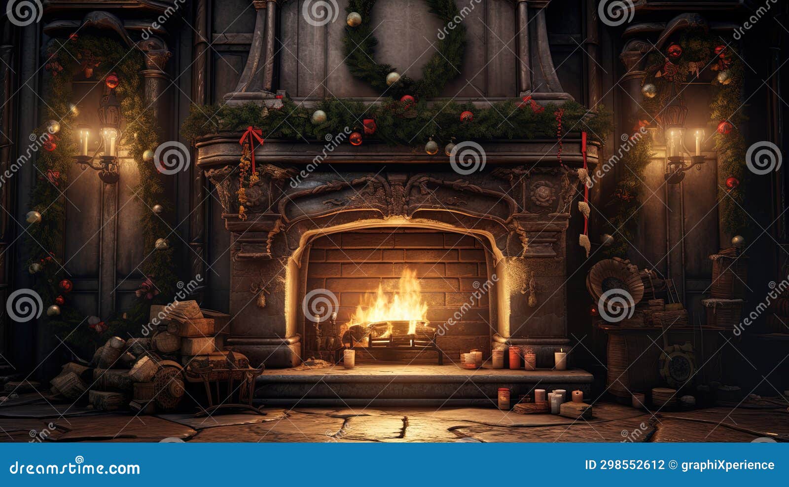 Cozy Fireplace Christmas Scene Stock Illustration Illustration of