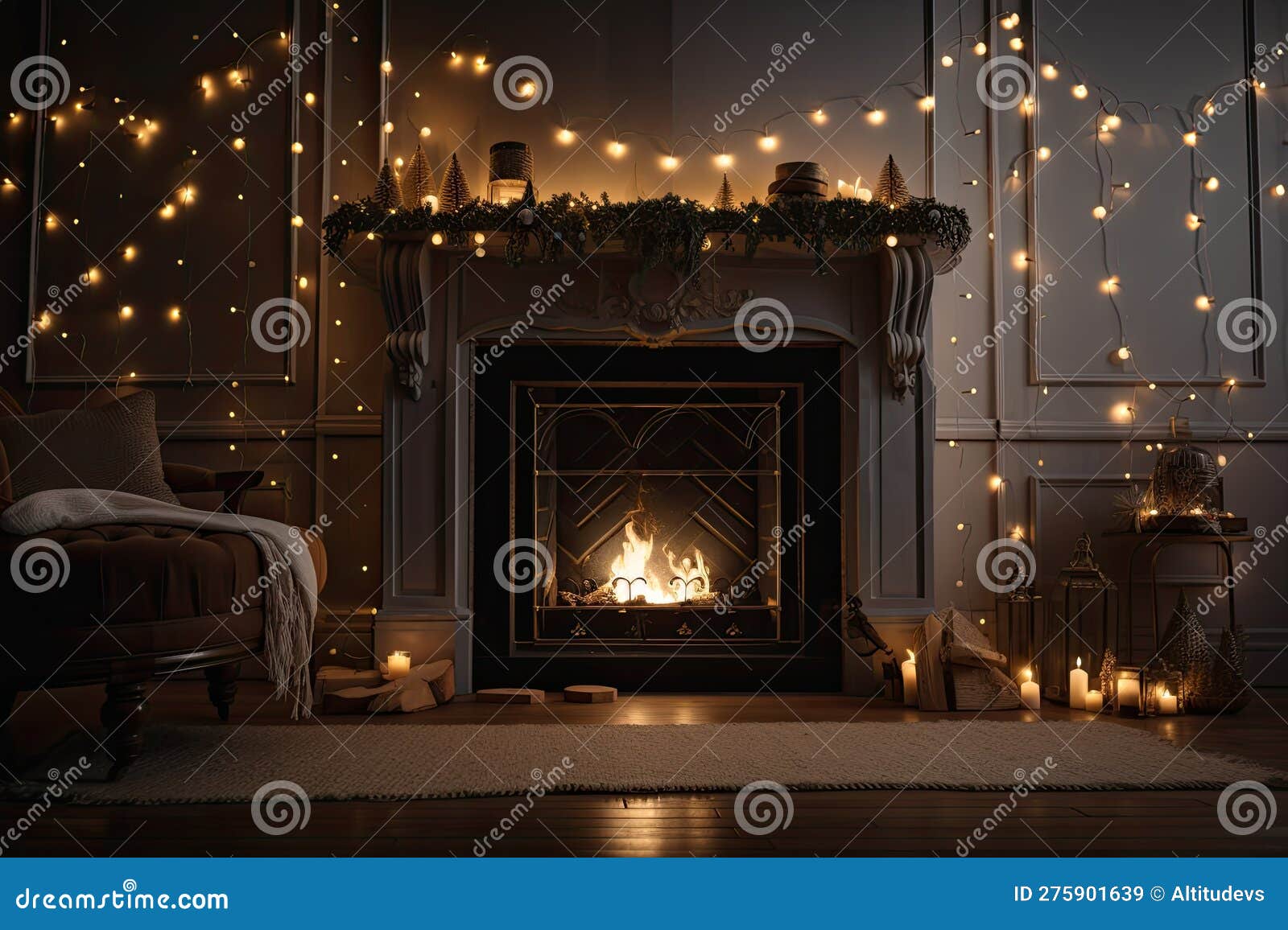 A Cozy Fireplace with a Warm Fire, Surrounded by Twinkling Lights and ...