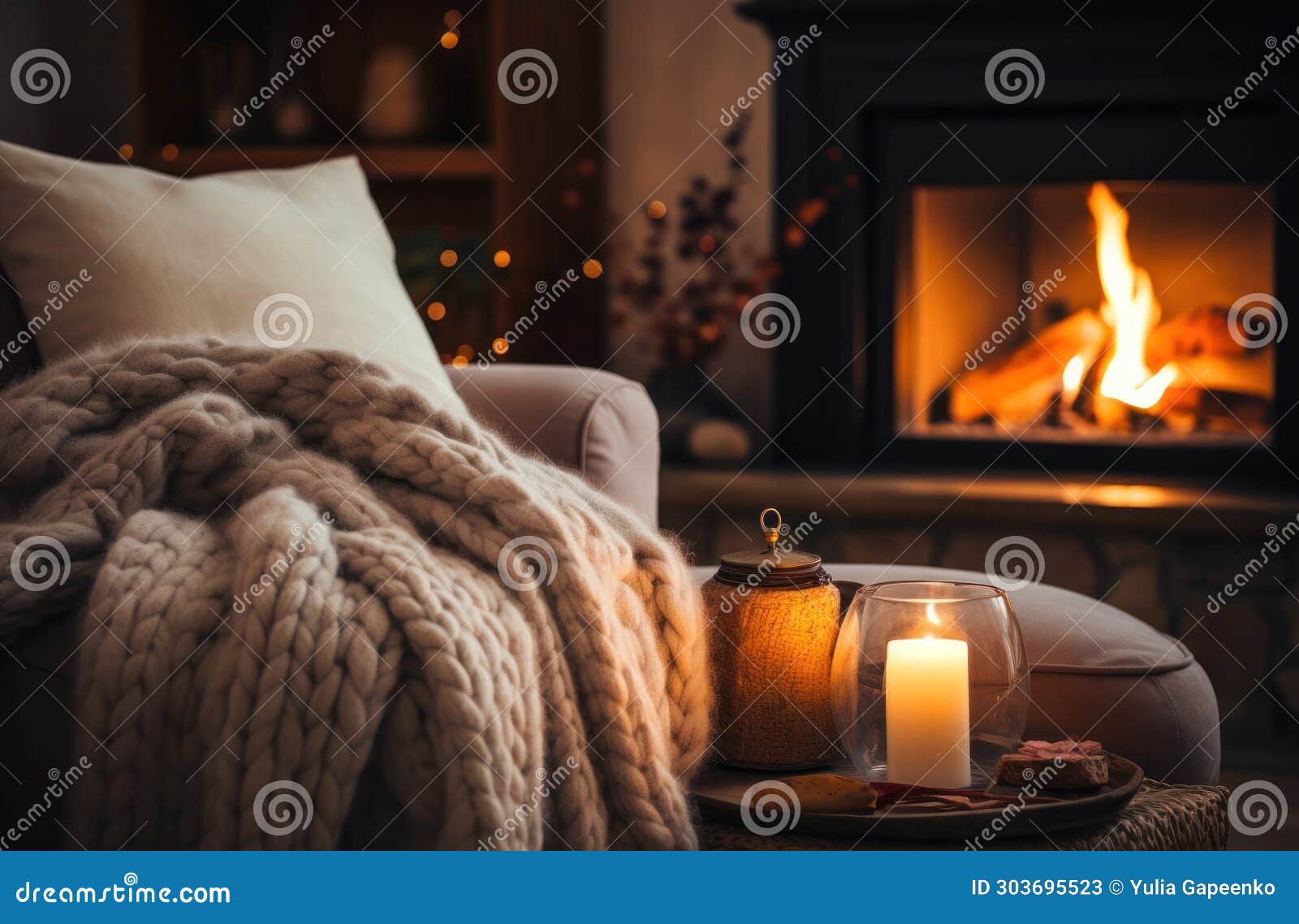 cozy fireside of a living room with a wool blanket and candles for a warm and cozy winter setting