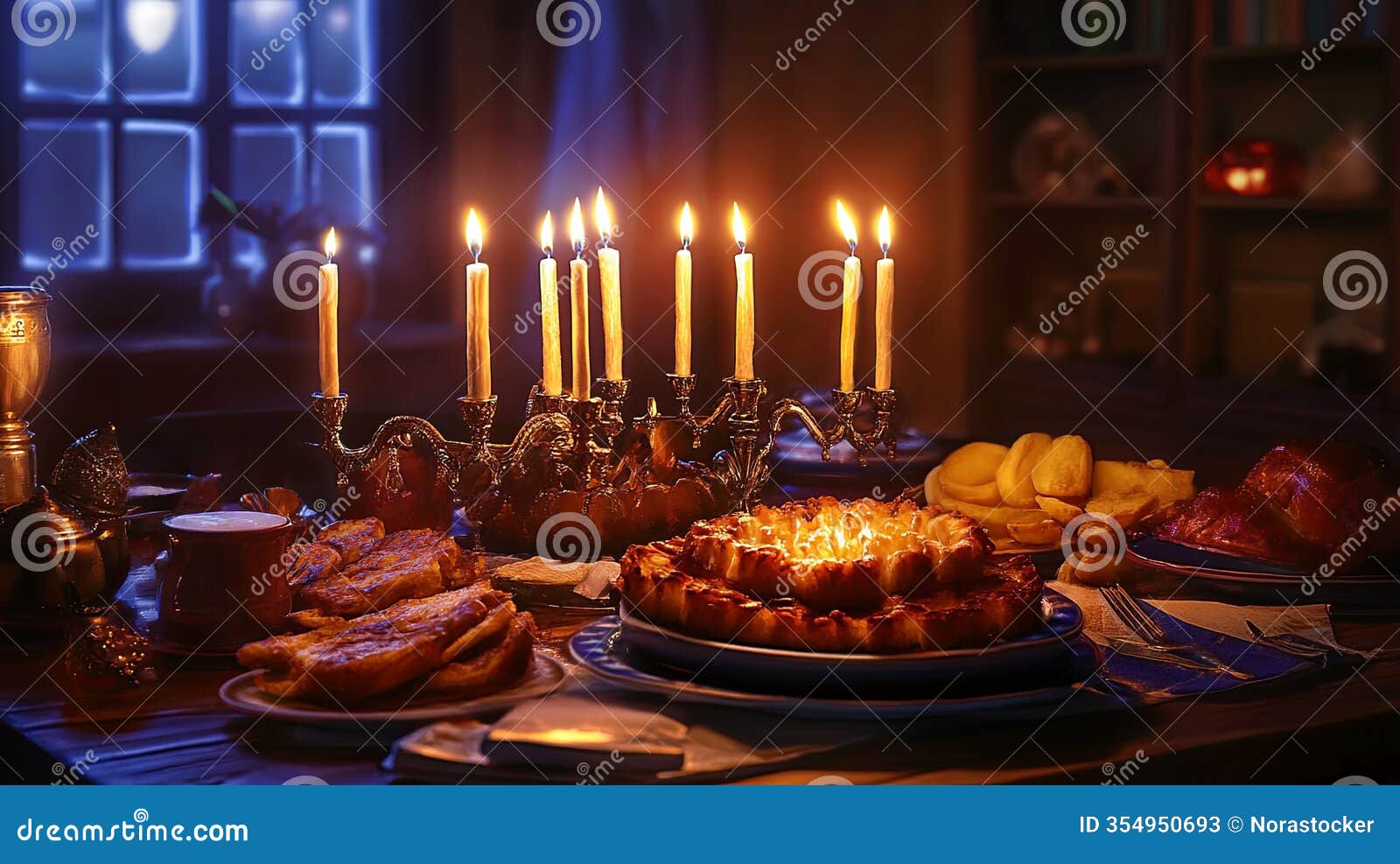 a cozy hanukkah dinner with menorahs, latkes, and dreidels displayed