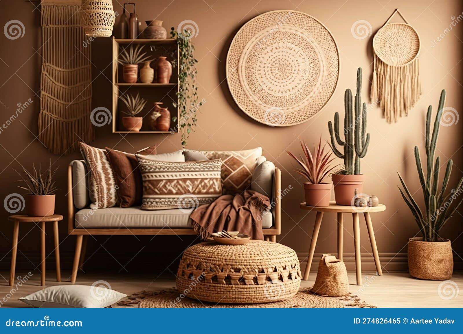 Cozy Home Interior with Wooden Furniture on Brown Background ...