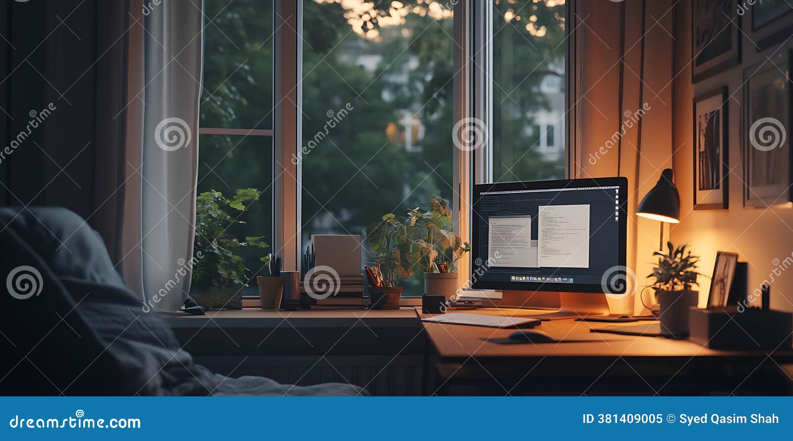 Cozy Home Office Setup Nighttime Work Space Background Wallpaper Stock  Illustration - Illustration of workspace, work: 381409005, image size:1600x890