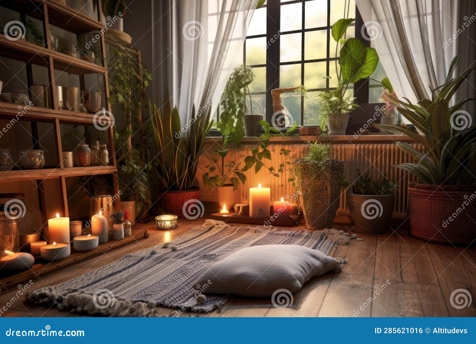 Cozy Home Yoga Corner with Mat, Candles, and Plants Stock Photo