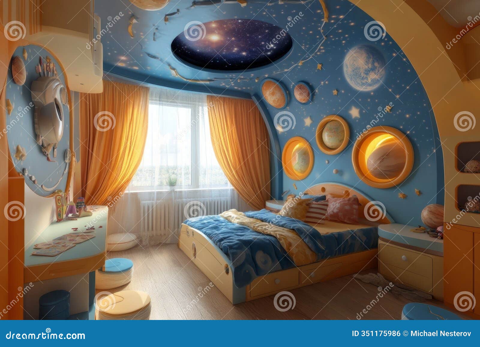 Cozy and Inspiring Bedroom for Children, Designed with a Captivating Space  Theme, Including Planets, Stars, and Celestial Elements Stock Photo - Image  of spaceship, astronomy: 351175986, image size:1600x1156