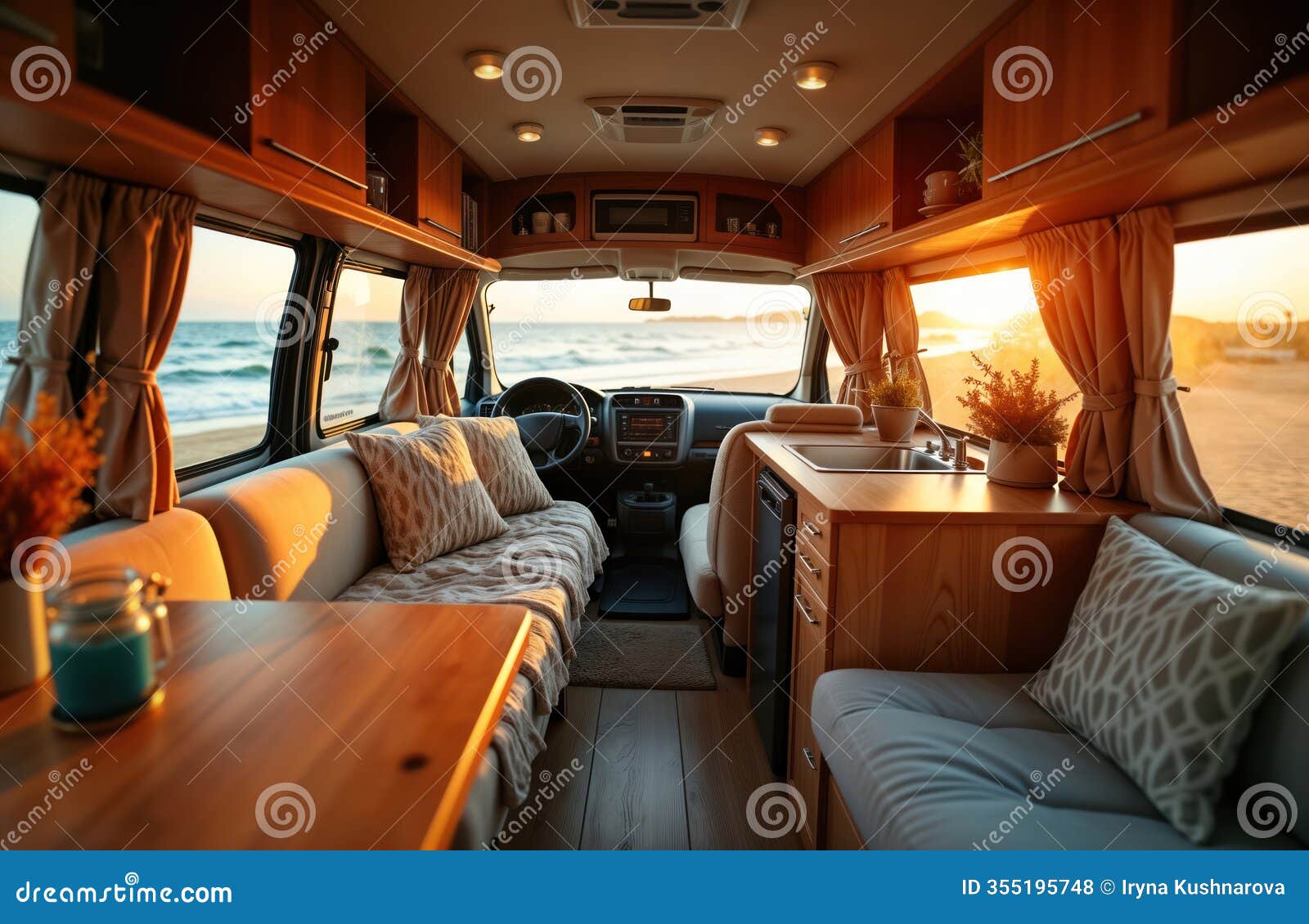 cozy interior of camper van parked on beach. sunlight streams through windows onto wooden interior. comfortable seating, small