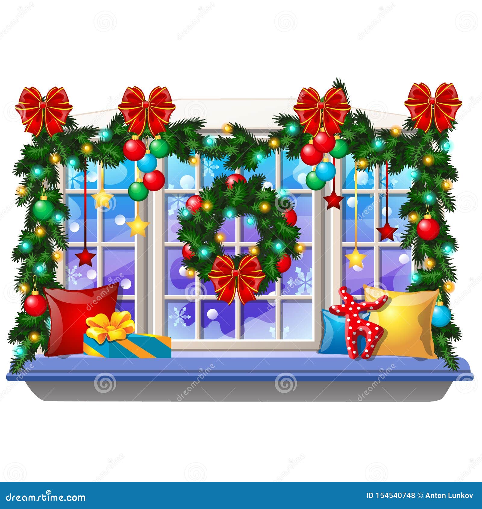 cozy interior home window with decoraions and baubles  on white background. sample of christmas poster, party
