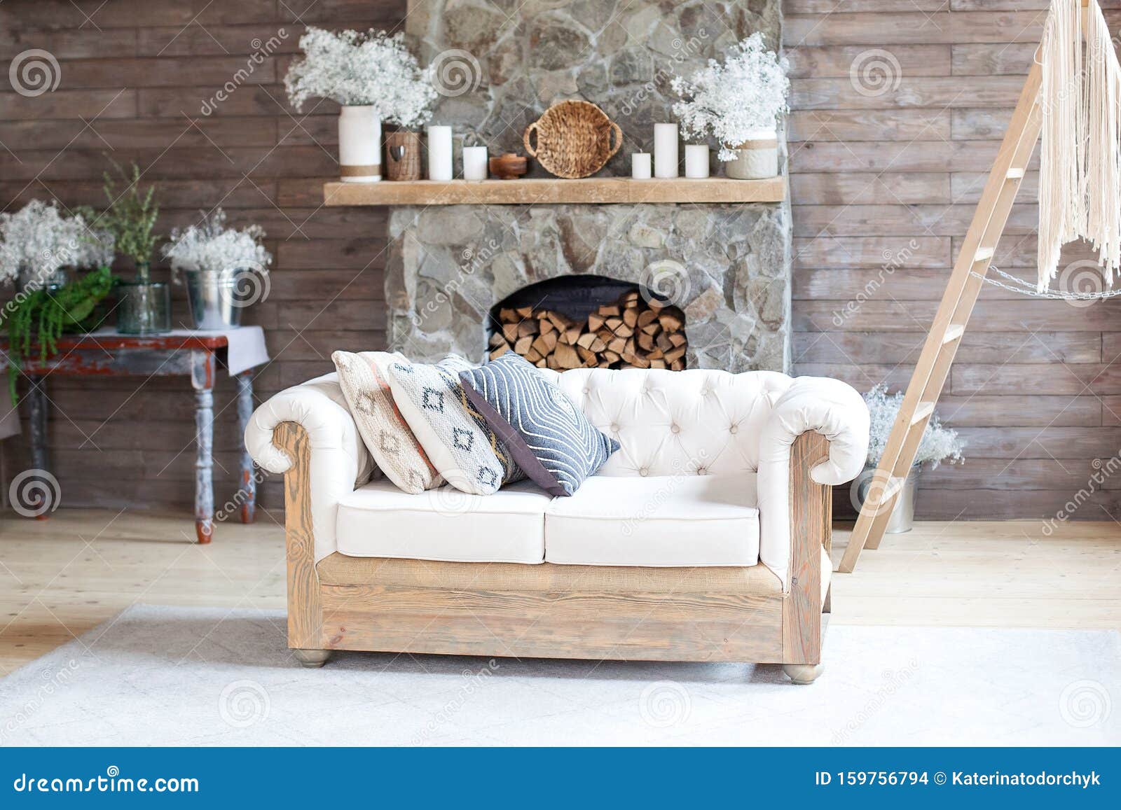 Cozy Interior Living Room White Sofa And Fireplace Rustic Home