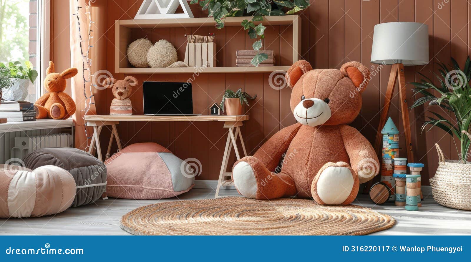 this is a cozy and inviting playroom for children. the room is decorated in warm, neutral colors, and there are a variety of toys