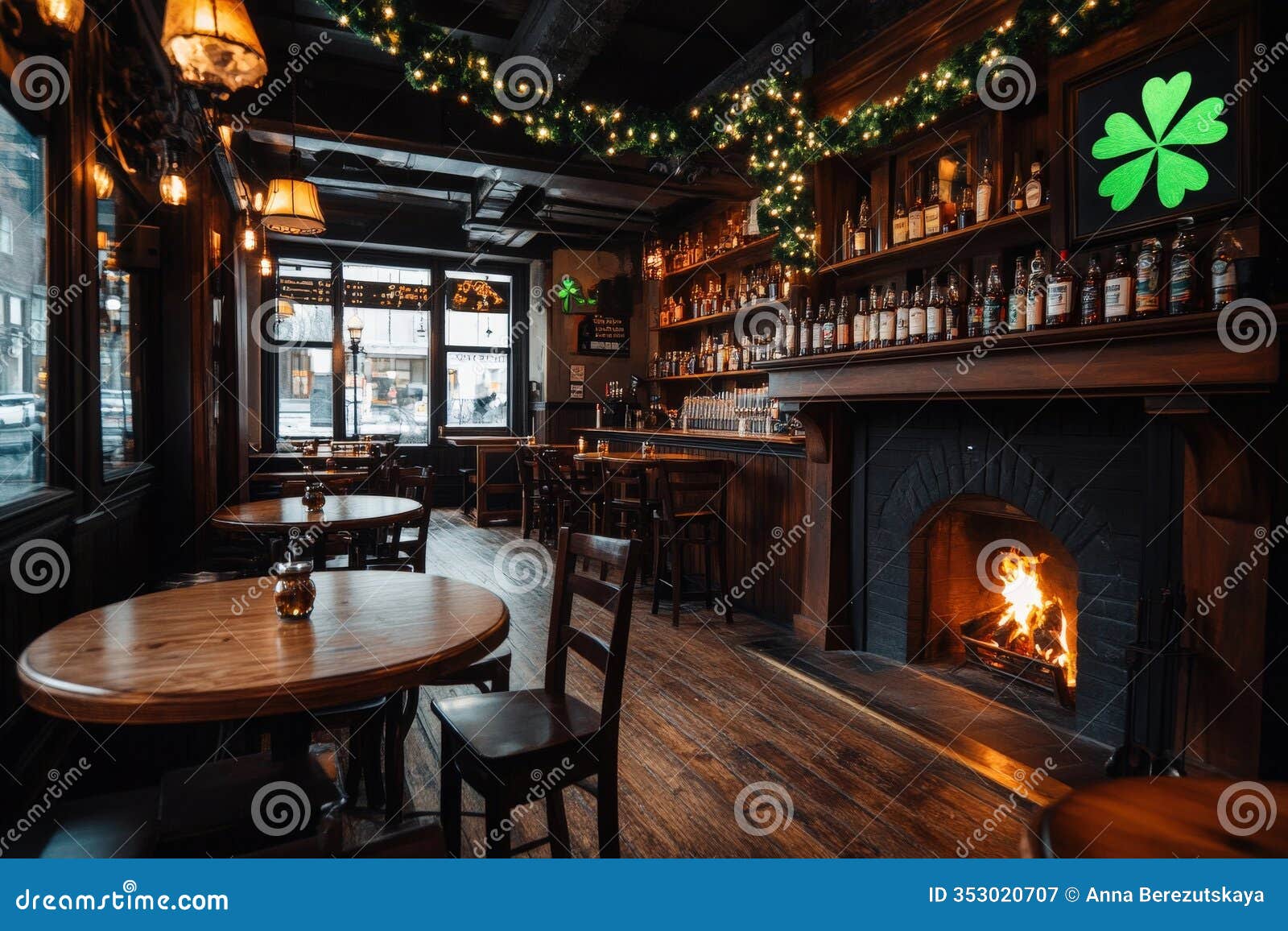 cozy irish pub interior with decorations and fireplace