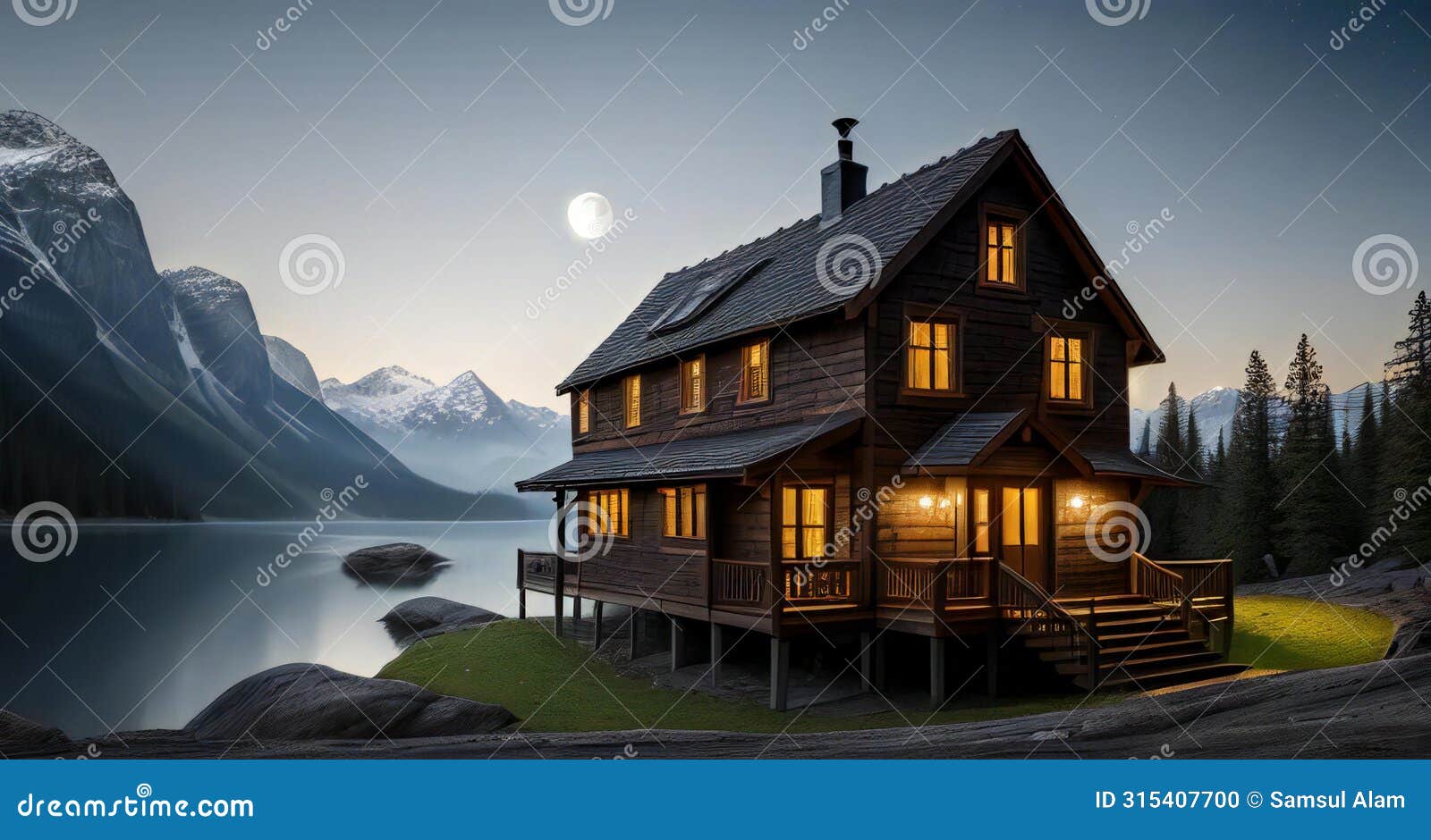 cozy lakeside cabin at dusk with illuminated windows, serene water, mountain backdrop under a moonlit sky